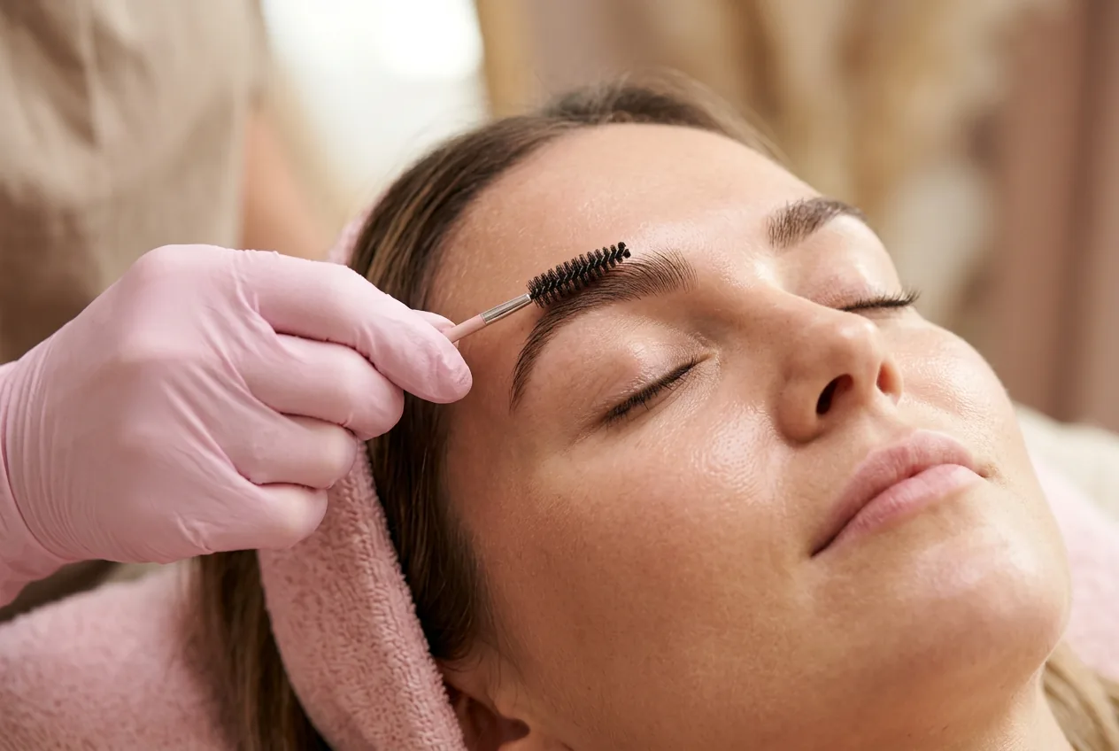 Brauen-Behandlung im House of Beauty Studio, Expertin formt mit kleinem Pinsel die Augenbraue