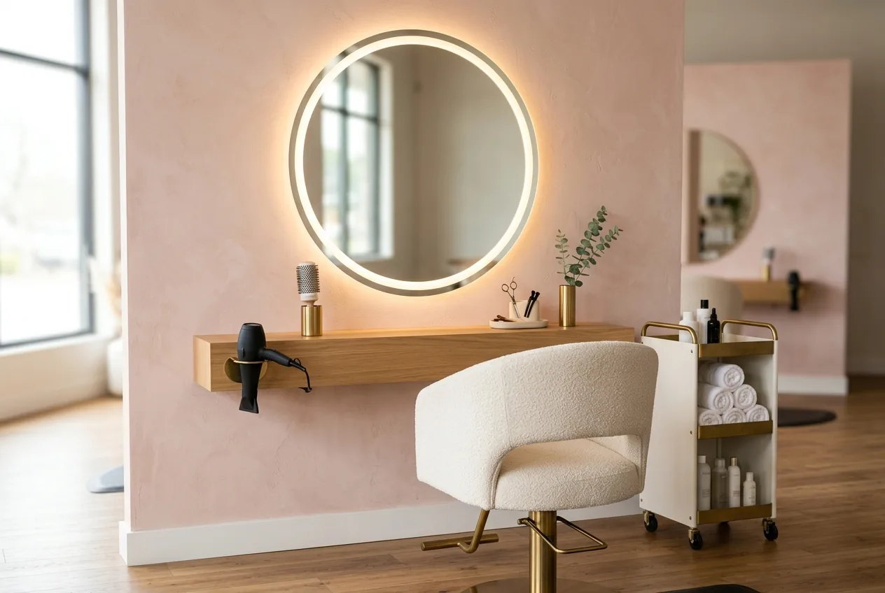 Premium Hair Station mit rundem LED-Hollywood-Spiegel und cremefarbenem Friseurstuhl