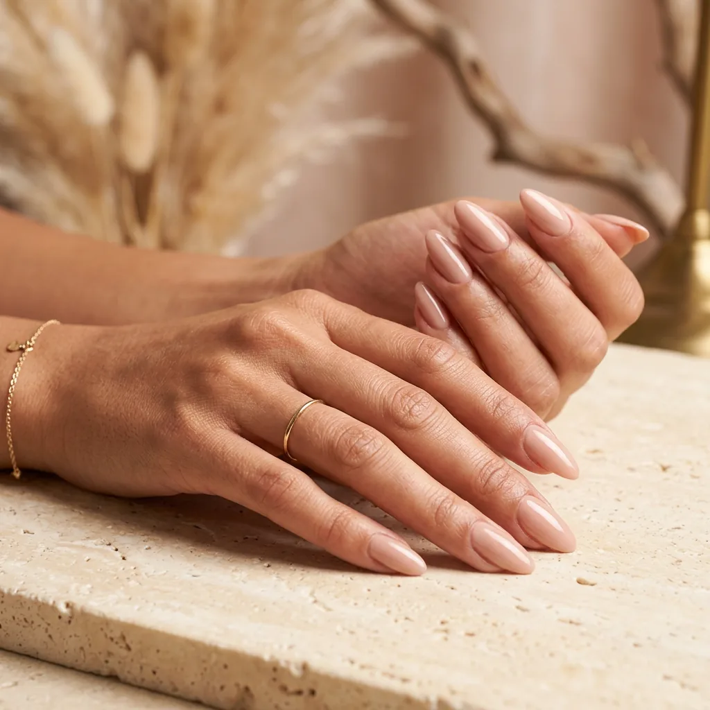 Elegante mandelförmige Nägel in Nude-Blush auf Travertin-Oberfläche