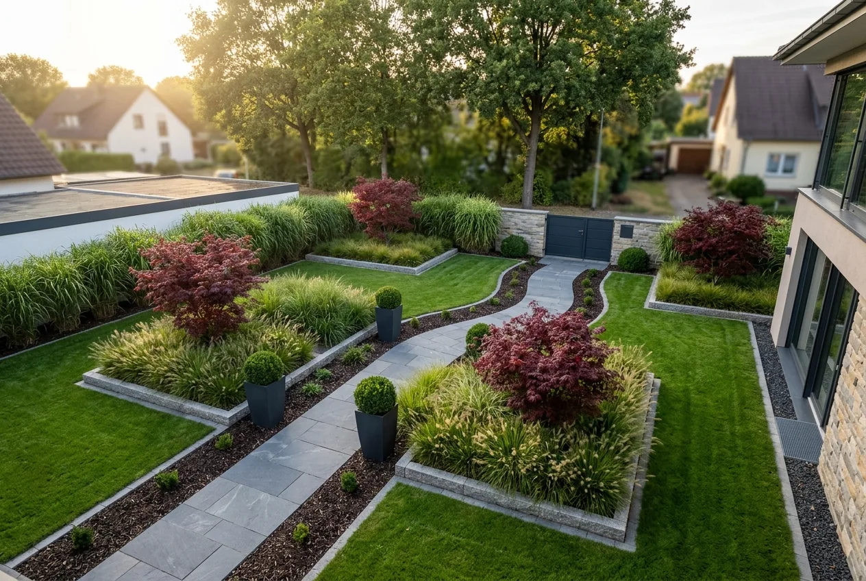Fertige Gartenanlage mit japanischen Ahornen, Federgras und Naturstein-Wegen