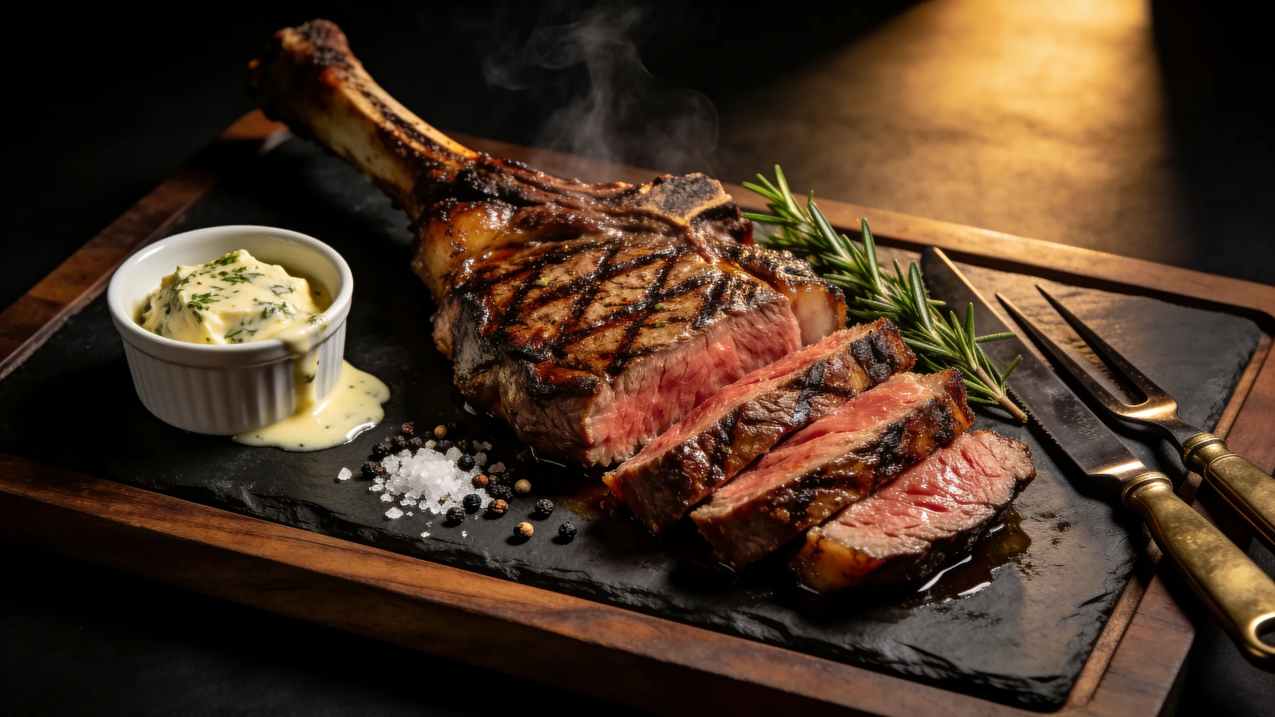 Tomahawk Steak auf dunkler Schieferplatte, angeschnitten, rosa Kern