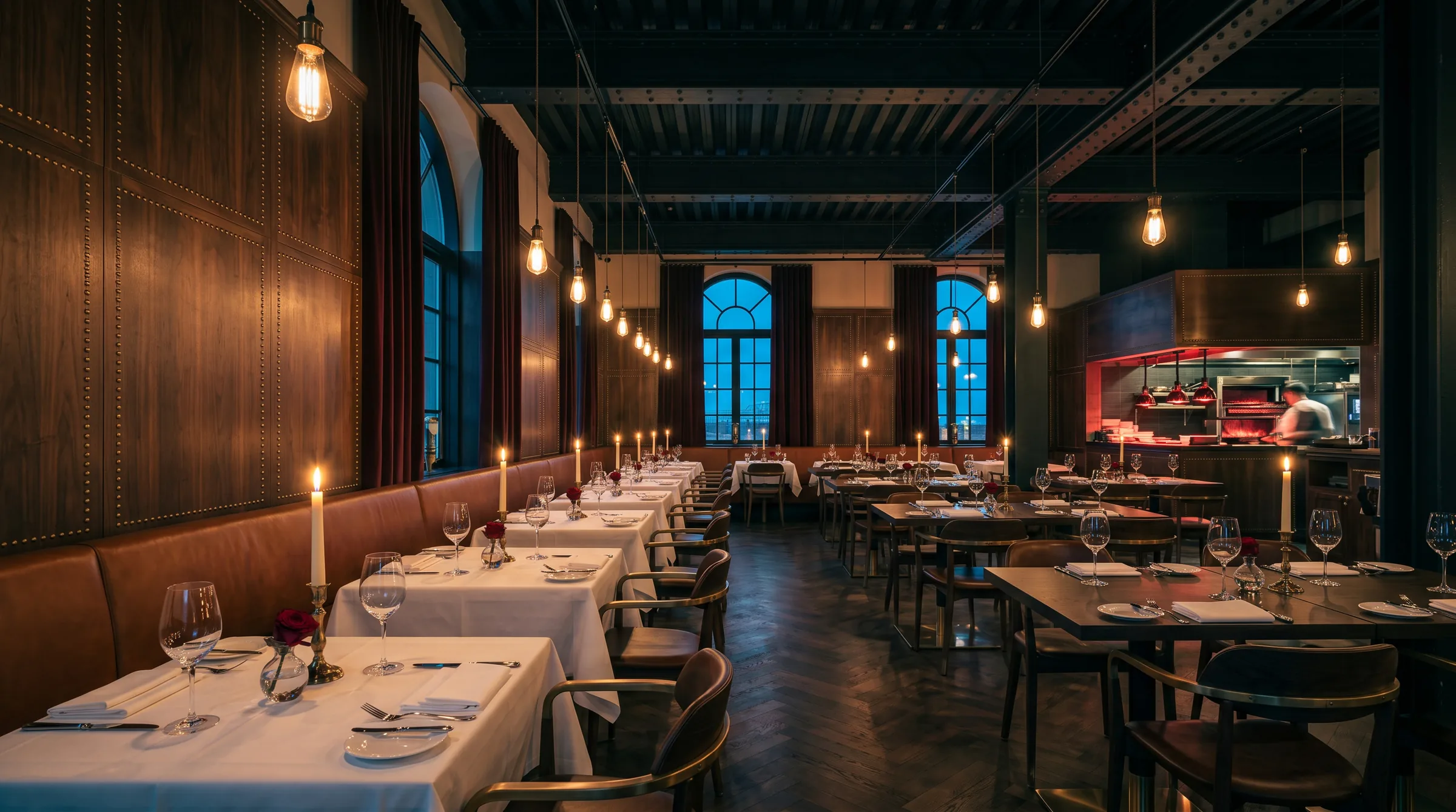 Hauptsaal des Restaurants mit weiß eingedeckten Tischen, Edison-Bulbs und Lederbänken
