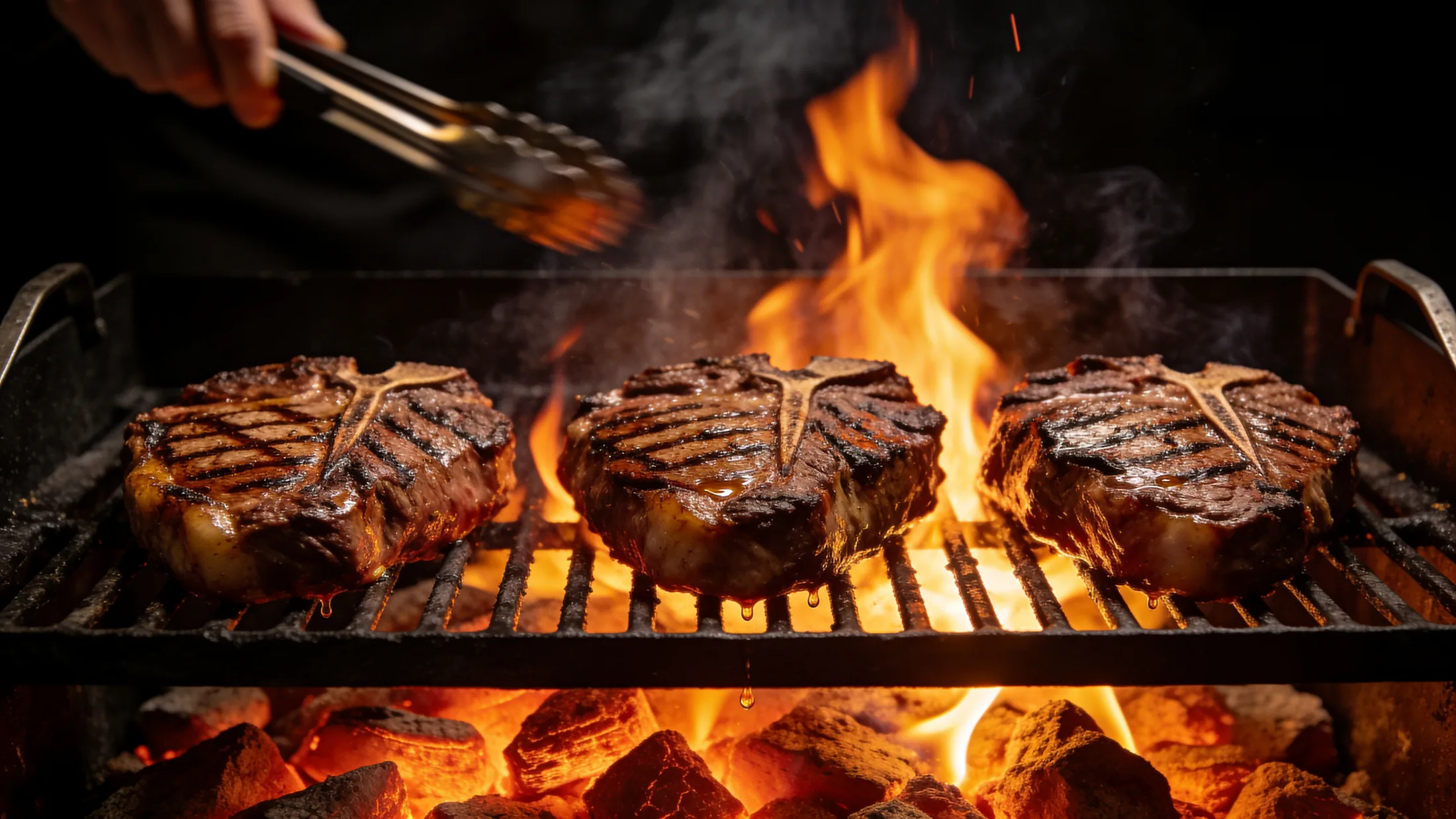 Holzkohle-Grill mit Flammen, drei Steaks auf dem Rost, glühende Kohlen