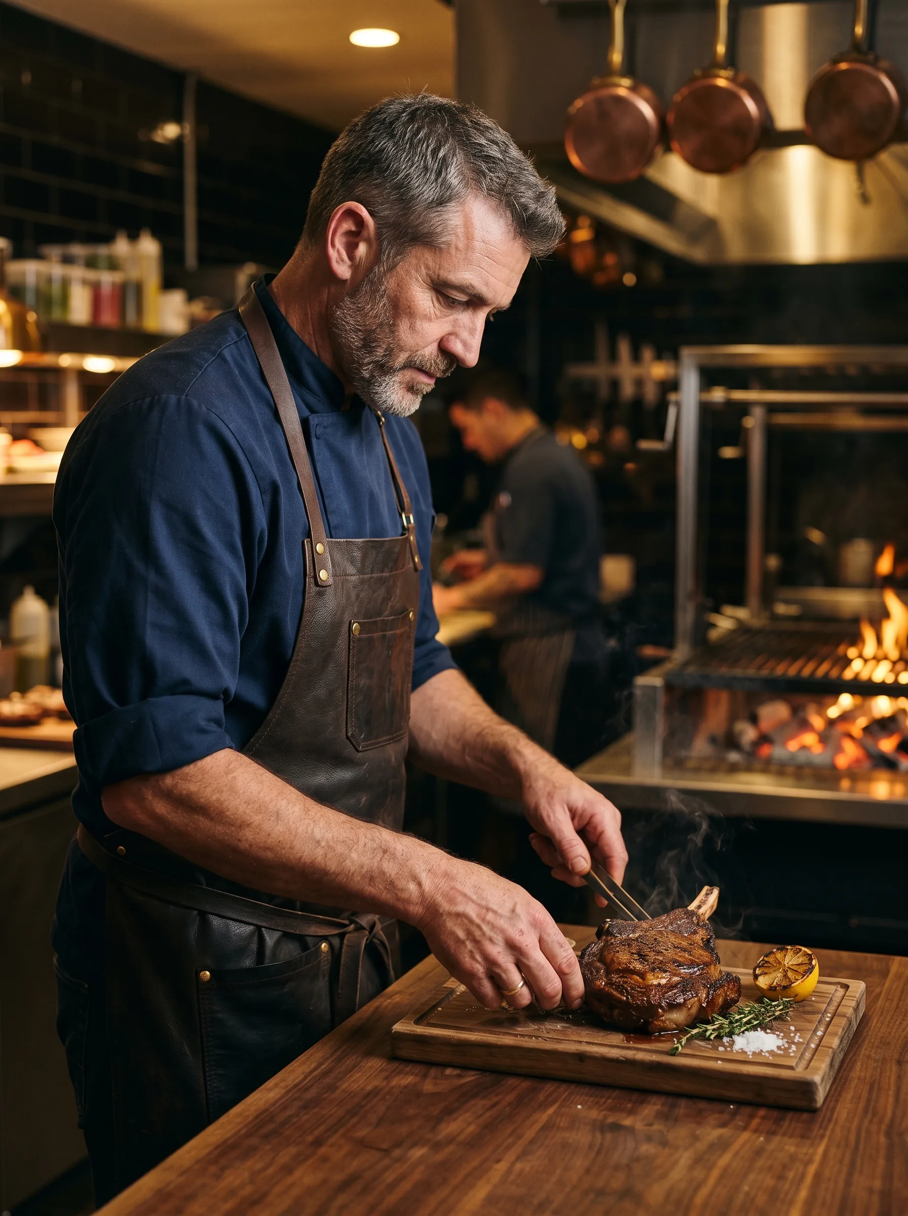 Marcus Vogel, Küchenchef, beim Tranchieren eines Steaks