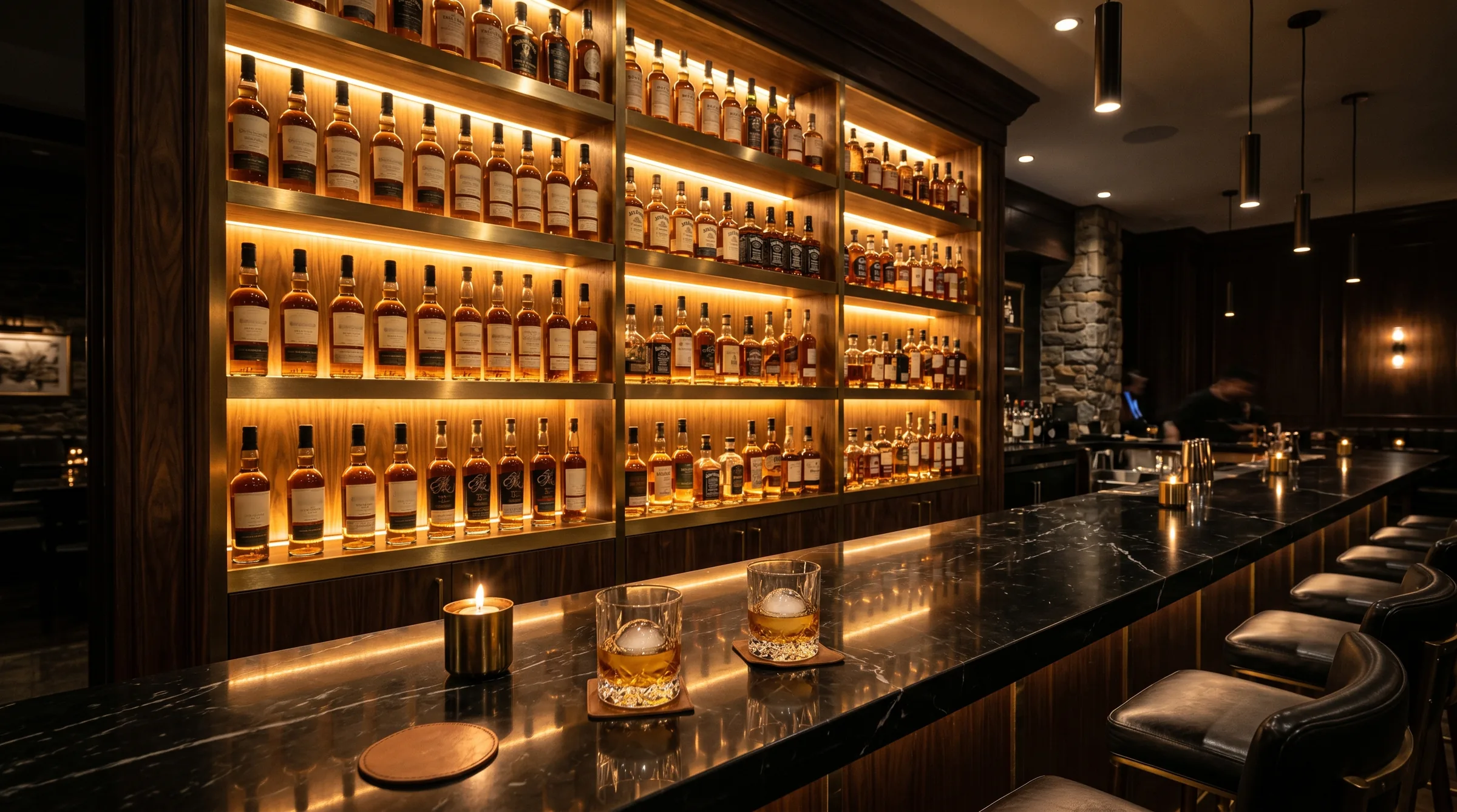 Beleuchtete Whiskey-Regalwand der Bar, schwarzer Marmor-Tresen